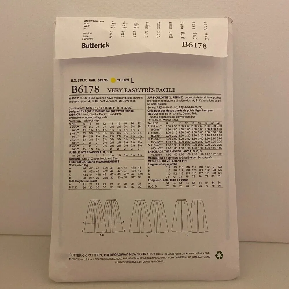 #B6178 Butterick Misses Culottes Sewing Pattern Size 14-22